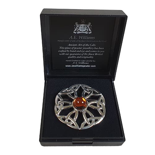 Brosche keltisches Knotenmuster Bernstein